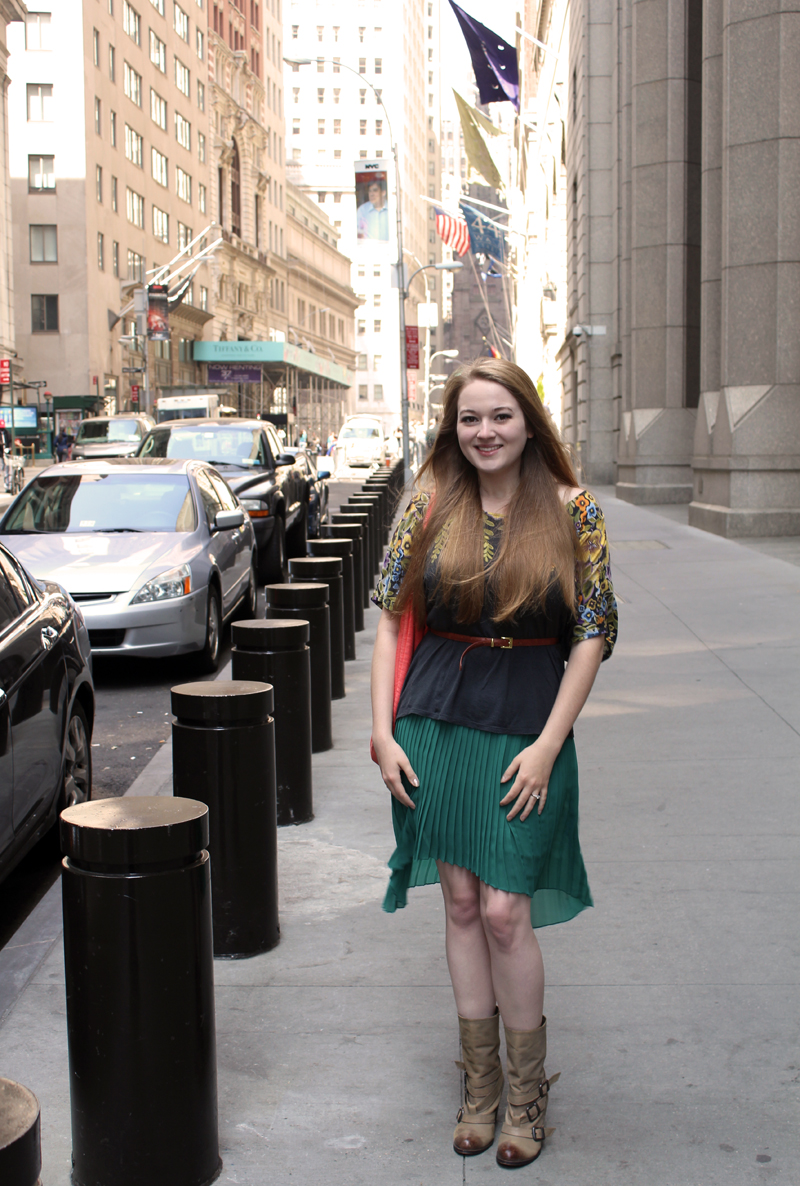 { pleated skirt by Zara, floral top by Deletta, bag by American Eagle, leather belt from Myne, boots by Steve Madden }