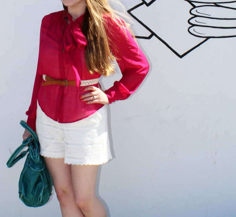 { sheer fuschia top from Fletcher by Lyell (UO), Cheri lace romper by Dolce Vita (Letters from LA), leather and knit belt by Kimchi Blue (UO), turquoise bag by Deux Lux (UO) }