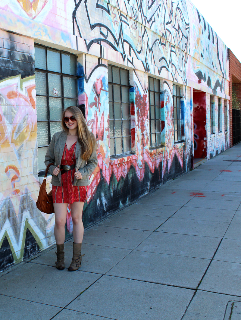 Jaime dress by Myne, boots by Steve Madden, tweed blazer by Isaac Mizrahi (Crossroads Trading Co.), thrifted belt (Crossroads Trading Co.), purse by Chloé, sunglasses from Anthropologie, Totem ring by Odette NY, Marmalade Revlon ColorStay polish