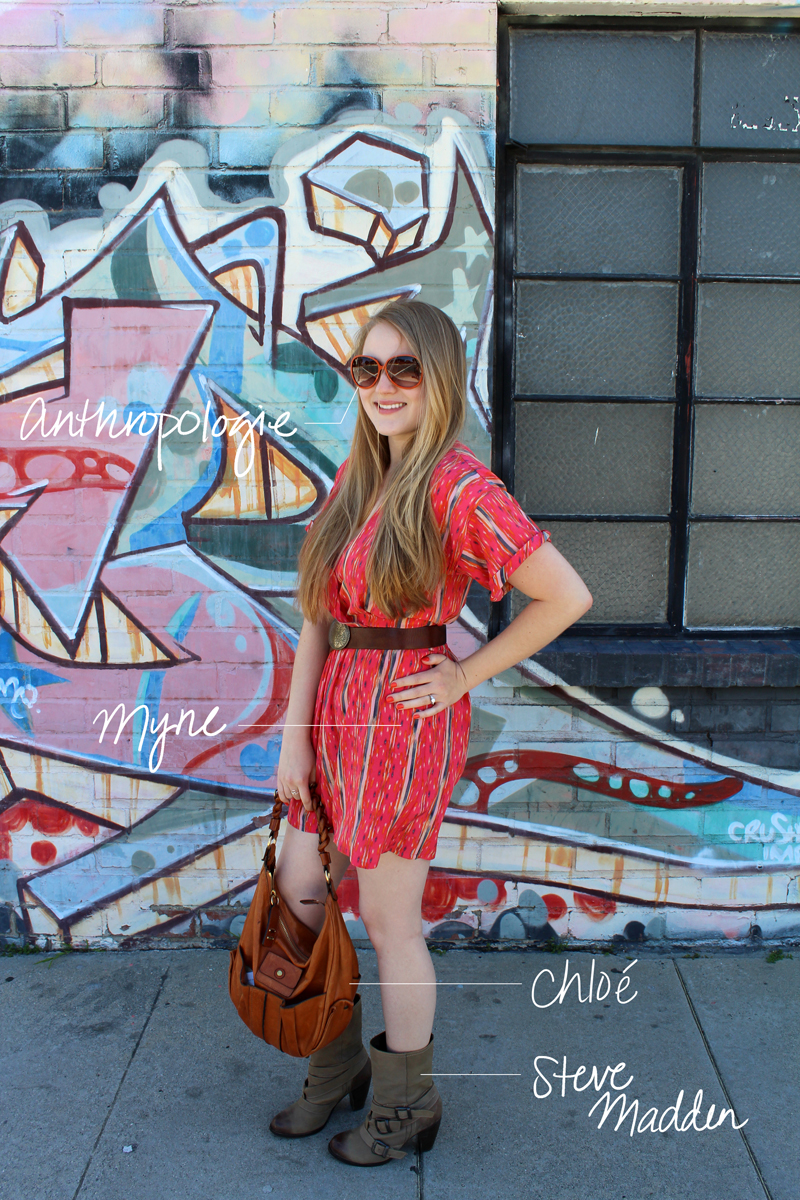 Jaime dress by Myne, boots by Steve Madden, thrifted belt (Crossroads Trading Co.), purse by Chloé, sunglasses from Anthropologie, Totem ring by Odette NY, Marmalade Revlon ColorStay polish