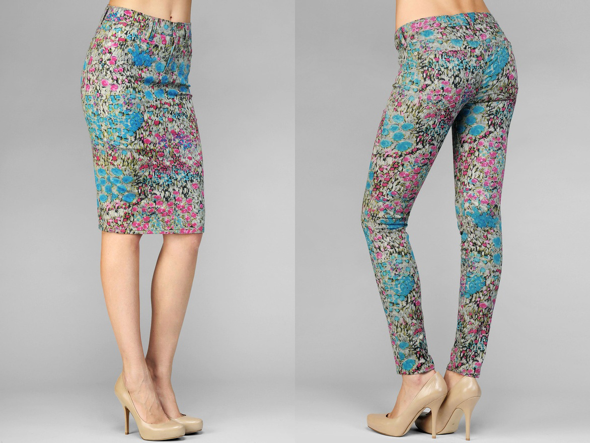 Pencil Skirt and The Skinny Second Skin Legging in Garden Party Denim by 7 For All Mankind