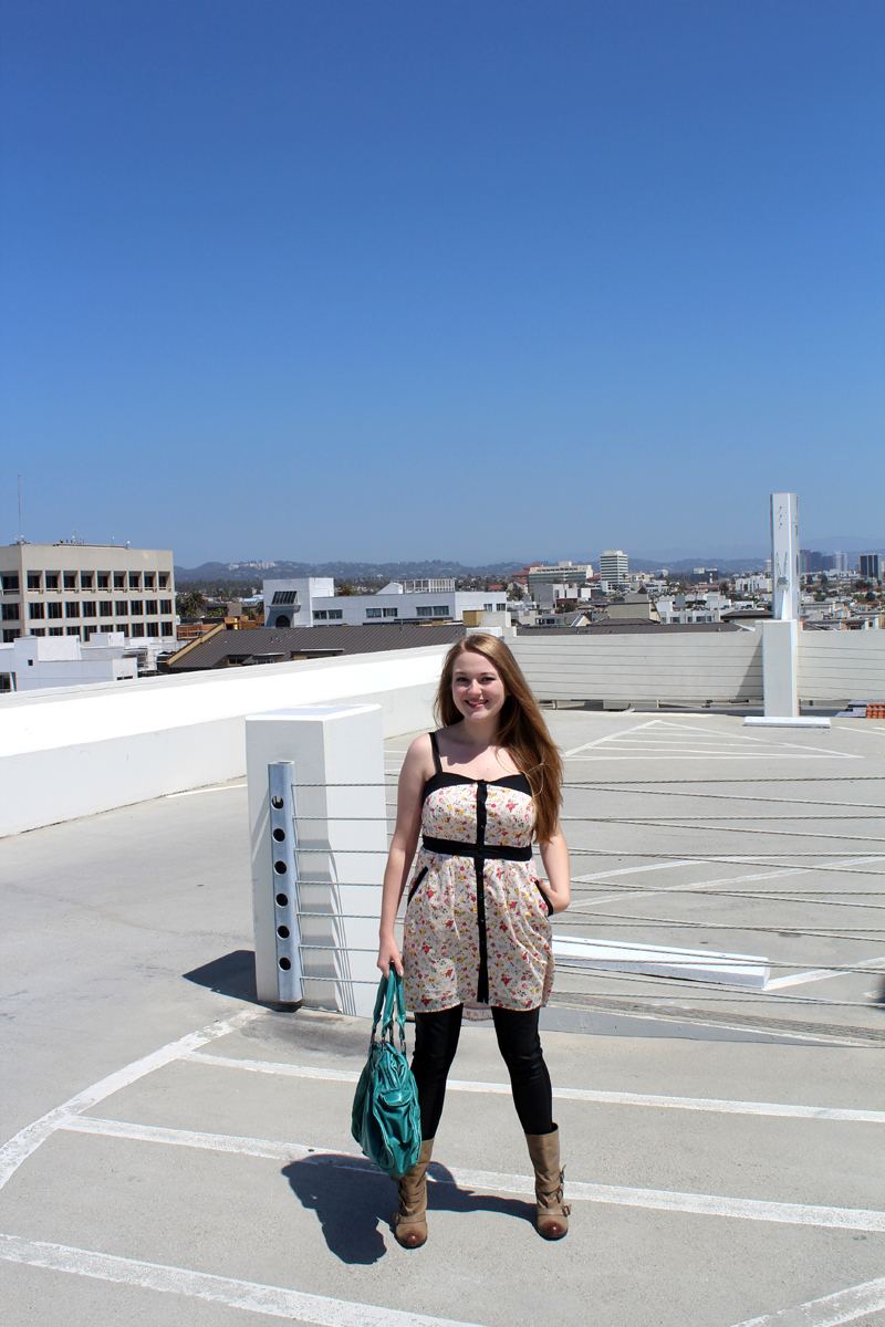 Floral dress by BCBGeneration, Vegan leather leggings from FACTORY by Erik Hart