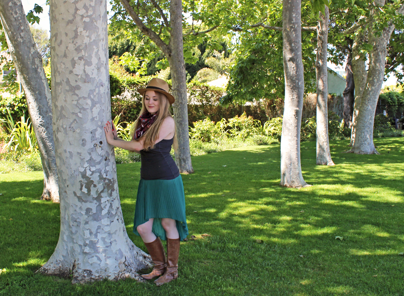 Asymmetric pleated skirt by Zara, Dark gray tank top by Zenana Outfitters (Irene's Story), Leather riding boots from Urban Outfitters, Panama hat by Ole, scarf gifted by friend from World Market, "Marmalade" Revlon Colorstay nail polish (CVS)