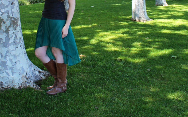 Asymmetric pleated skirt by Zara, Dark gray tank top by Zenana Outfitters (Irene's Story), Leather riding boots from Urban Outfitters, "Marmalade" Revlon Colorstay nail polish (CVS)