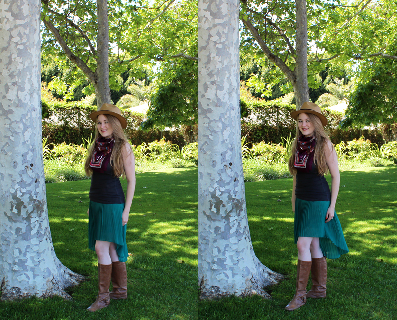 Asymmetric pleated skirt by Zara, Dark gray tank top by Zenana Outfitters (Irene's Story), Leather riding boots from Urban Outfitters, Panama hat by Ole, scarf gifted by friend from World Market, "Marmalade" Revlon Colorstay nail polish (CVS)