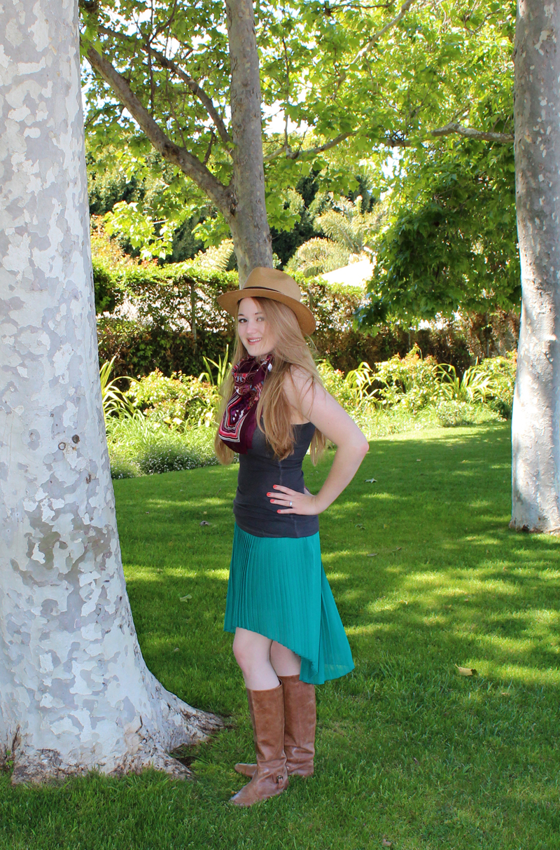 Asymmetric pleated skirt by Zara, Dark gray tank top by Zenana Outfitters (Irene&#039;s Story), Leather riding boots from Urban Outfitters, Panama hat by Olé, scarf gifted by friend from World Market (thanks Becca!), &quot;Marmalade&quot; Revlon Colorstay nail polish (CVS)