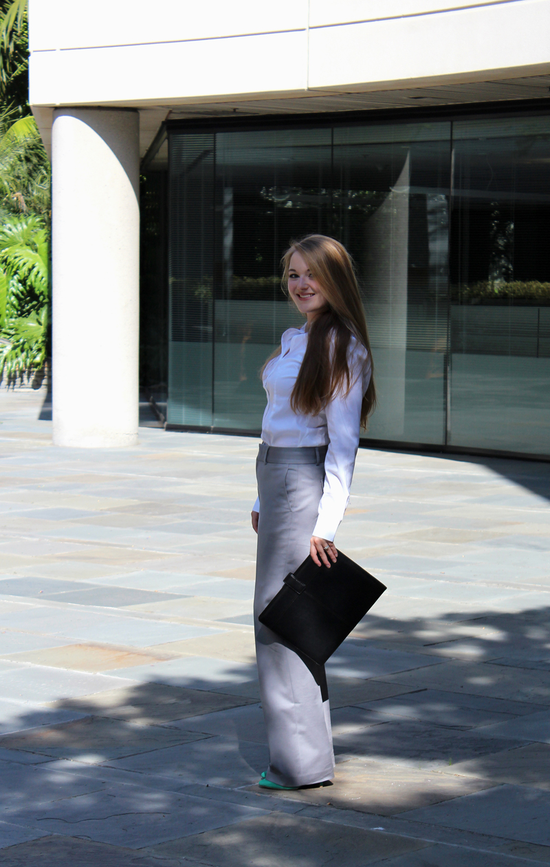 H&M blouse, Banana Republic trousers, Steve Madden pumps, Office Depot portfolio case