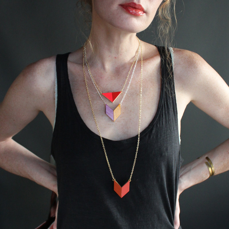 Small Neon Red Triangle Necklace by Soft Gold Studio